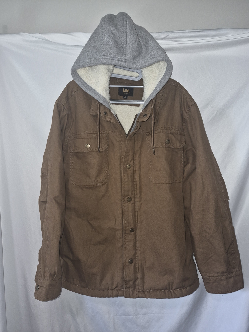 Lee Tan Men's Workwear Sherpa-Lined Grey Hooded Canvas Jacket Sz M
